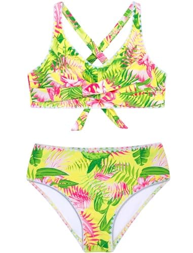 HOZIY Bikinis for Teens Size 10-12 Tween Two Piece Bathing Suits Junior Swimsuits Kids V Neck Crisscross Tie Back Swim Suit Swimwear Yellow Floral