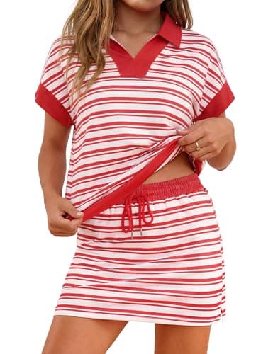 Totatuit 2 Piece Sets for Women Skirt Sets Summer Outfits Casual Short Sleeve Workout Athletisure Travel Lounge Skort Sets Red Small - Image 1