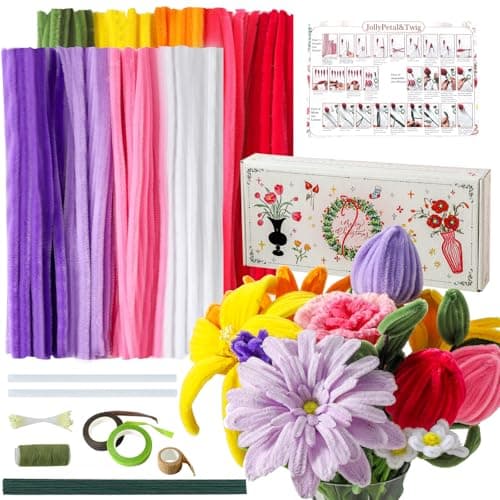 JollyPetal&Twig Pipe Cleaners Craft,Chenille Stems Plush Craft Kit,Pink Pipe Cleaners Flowers Kit with Floral Tape for Wedding Gifts Graduation Bouquet(Colorful) - Image 1