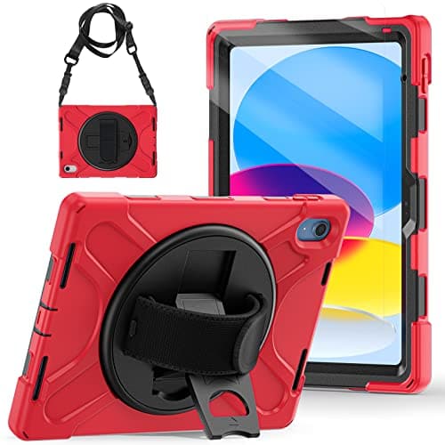 TSQQST Case for iPad 11th A16/10th Generation 2025 2022 with Screen Protector | Shockproof Rugged Silicone Sturdy Kids Case with Stand+Hand Strap for iPad 10th Gen-Red+Black - Image 1