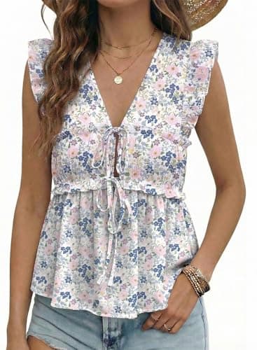 Acelitt Womens Trendy 2026 Summer Ditsy Floral V Neck Bow Tie Front Tops Ruffle Cap Sleeve Babydoll Blouses Shirts Pink Blue Medium - Image 1