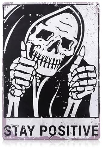 Halloween Skull Decor for Home – Stay Positive Tin Signs Vintage Style 8×12 Inch – Easy to Hang Halloween Wall Decor, Funny Metal Signs for Bedroom, Living Room, Garage, Office – Indoor/Outdoor Use - Image 1