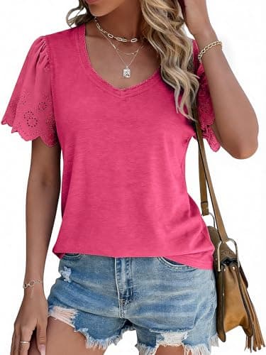 Chulianyouhuo Women's Summer T Shirt Cute Ruffle Sleeve Lace Eyelet Blouse Tee Derssy Casual Tops 2026(Rose XL) - Image 1
