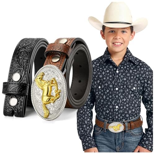 JKEEMI Kids Cowboy Cowgirl Belt, Western Genuine Embossed Leather Belt Bull Horse Eagle Buckle for Gift Daily Costumes - Image 1