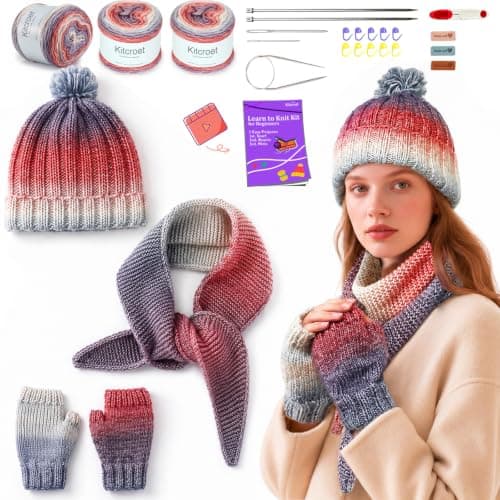 Kitcroet Knitting Kit for Beginners, Complete Beginner Knitting Kit Including Knitting Needles Set, Soft Gradiant Cake Yarn, Learn to Knit Scarf, Beanie, Mittens with Step by Step Video Tutorials - Image 1