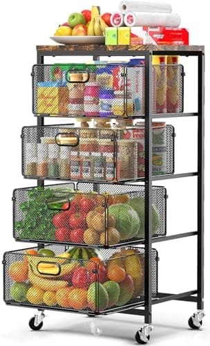 SUNALLY Rolling Kitchen Cart with Drawers, 4-Tier Utility Cart Fruit Vegetable Storage Cart with Lockable Wheels, Wooden Top Metal Kitchen Storage Organizer for Cans, Snacks, Beauty, Craft, Art, Black - Image 1