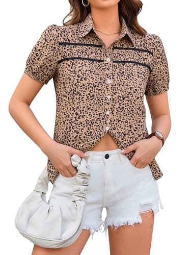 AOVDE Women Floral Leopard Button Down Shirts Puff Sleeve Blouse Contrast Trim Casual Dressy Summer Tops