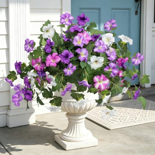Flortevera Artificial Fake Flowers Plants for Outdoor UV Resistant, 2PCS Silk Faux Petunias No Fade Summer for Outside Planter Front Door Porch Yard Patio Balcony Realistic Decoration Purple White - Image 1