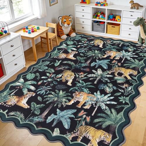 U'Artlines Jungle Animal Print Area Rug 6x9 ft, Machine Washable Soft Floor Carpet, Low Pile Non Slip Tiger Print Rugs for Living Room, Kids Bedroom (Dark Green) - Image 1