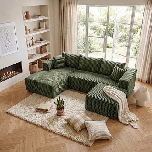 BSHOMGI 92.5'' U-Shaped Boneless Couches, Comfy Corduroy 3 Seaters Sofas with Ottoman, Modern High Back Sectional Sofa for Living Room with Oversized Chaise Deep Seat Sofa, No Assembly Needed - Image 1