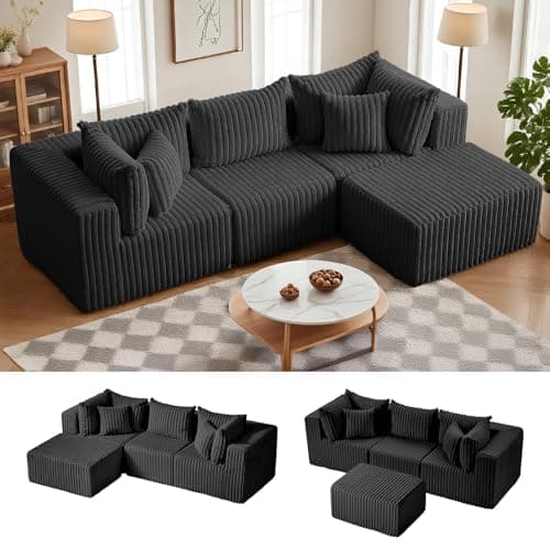 PATAVOT 104 Inch Cloud Couch Sectional,Corduroy Boneless Couches for Living Room,L-Shaped Modular Sectional Sofa with Removable Ottoman and Deep Seat,No Assembly Required,Black - Image 1