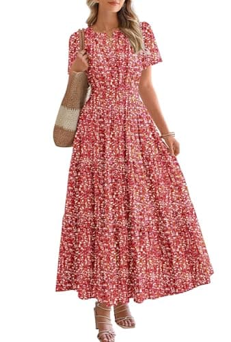 BTFBM Womens Summer Floral Maxi Dresses V Neck Short Sleeve Boho Casual Flowy Long Wedding Guest Dress Beach Vacation(Floral Orange Red, Medium) - Image 1