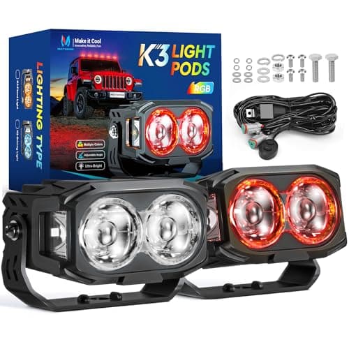 MICTUNING K3 Pods Lights, 4'' 56W RGB with White Offroad Driving Lights (7 Colors) 270° Wide Spotlight Wiring Harness Switch for Car, Pair, IP68 Waterproof