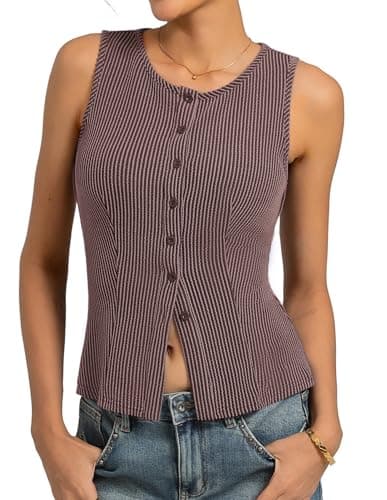 Kate Kasin Womens Brown Button Up Tank Tops Trendy 2026, Summer Ribbed Sweater Vest, Sleeveless Going Out Outfits S - Image 1