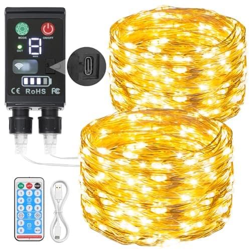 Lakumu 2-in-1 Rechargeable Fairy Lights, 66FT 200 LED Warm White String Lights with Remote & Timer, Waterproof Battery Operated Twinkle Lights for Indoor Outdoor Bedroom Camping Christmas Decorations - Image 1