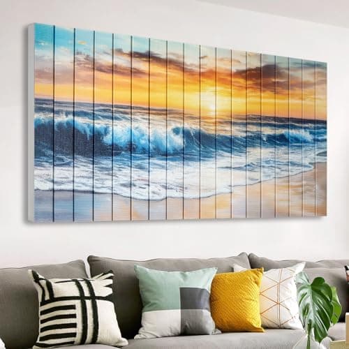 llribbons Hand Painted Large Ocean Sea Waves Canvas Wall Art Coastal Sunset Prints Nature Seasacpe Ribbon Artwork Ready to Hang for Living Room Bedroom Home Decor Modern Stretched Framed 20" x 40"