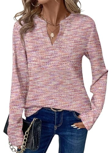 Dokotoo Long Sleeve Shirts for Women V Neck Waffle Knit Shirts for Women Trendy Dressy Tops Business Casual Outfits Fall Fashion 2026 Basic Tee Blouses Tunic Tops Pink Blouses L - Image 1