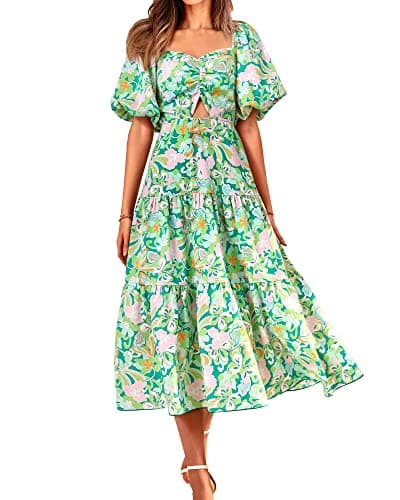 BTFBM Summer Dresses for Women 2026 Spring Outfits Beach Vacation Short Sleeve Smocked Boho Casual Floral Maxi Dress(Print Green, Medium) - Image 1
