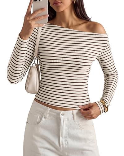 PRETTYGARDEN Women Off The Shoulder Striped T-Shirt,Apricot Coffee,XL - Image 1