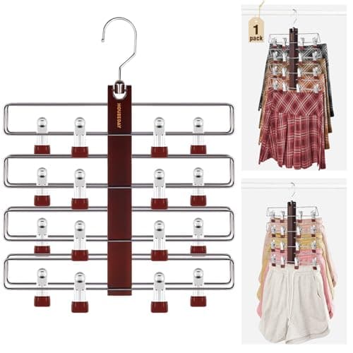HOUSE DAY Skirt Hangers Space Saving 1 Pack, Double Row 4-Tier Non-Slip Hangers with Clips for Skirts, Shorts, and Pants - Lotus Wood Clip Hanger for Women - Closet Organizers and Storage (Mahogany) - Image 1