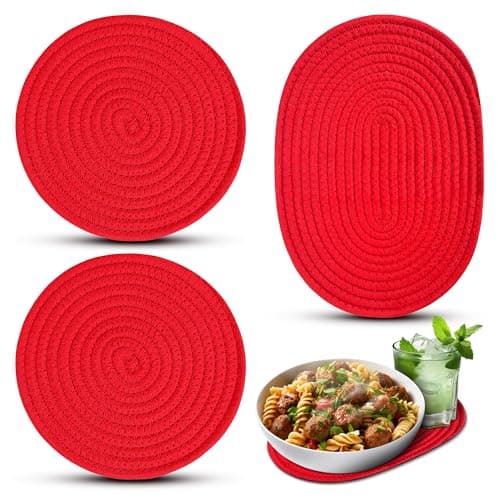3 Pcs Red Trivets for Hot Dishes – Cotton & Polyester Trivets for Hot Pots and Pans, 2 Round 8.5" and 1 Oval 12x8.5 – Heat Resistant Kitchen Pads for Bakeware, Pots, Dining Table and Countertop Use - Image 1