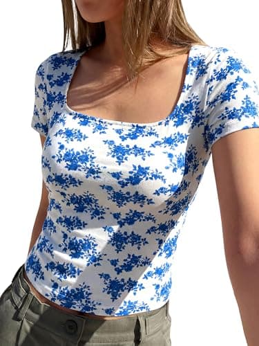 BTFBM Floral Square Neck Tops for Women 2026 Trendy Summer Outfits Short Sleeve Shirts Boho Top Beach Vacation Clothes(White Blue Flower, X-Large) - Image 1
