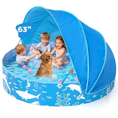 63” Extra Large Kiddie Pool with Canopy, EPN UPF 50+ Sun Shade Baby Pool, No Inflation Foldable Toddler Pool for Backyard Outdoor & Beach, Portable Thickened PVC BPA-Free Kids Water Play Pool, Blue - Image 1