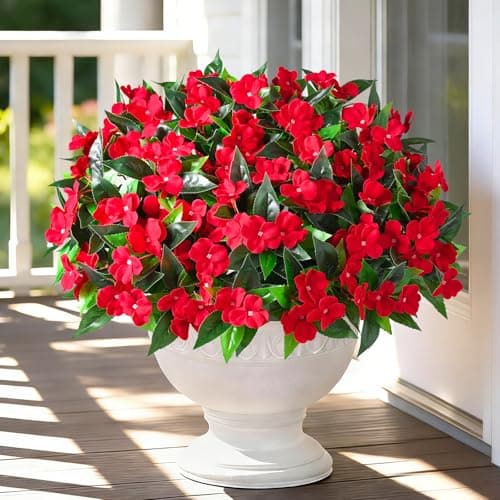 Livole Artificial Impatiens Flowers for Outdoors, Realistic Fake Outdoor Flowers Impatiens UV Resistant Artificial Outdoor Flower for Outside Faux Flower Plants for Garden Home Decor, Red 3 Bundles - Image 1