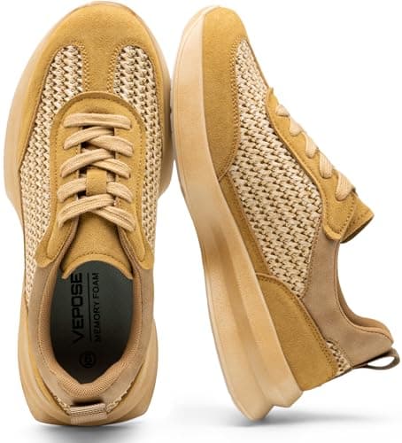 Vepose Women's Brown Lightweight Platform Sneakers Chunky Casual Tennis Shoes, Memory Foam Non Slip, Suede Raffia Lace Up, Everyday Walking Travel Office Size 8.5(CJY8216 Brown 08.5) - Image 1