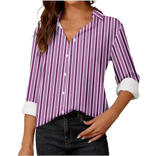 Striped Shirt Women Long Sleeve Summer Fall Blouse Purple - Image 1