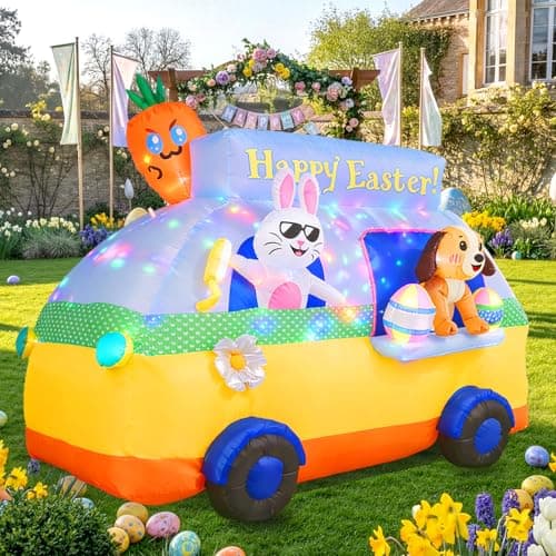 GIFTFIND 7.3FT Long Easter Inflatables Outdoor Decorations - Bunny and Dog Riding Bus, Build-in LED Lights Holiday Blow Up Yard Decoration, for Patio Garden Lawn Party Celebration Decor - Image 1