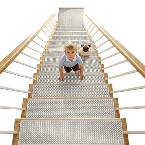 WELINHOME Chenille Stair Treads for Wooden Steps 8"x30" (15 Pack), Ultra Soft Non-Slip Carpet Stair Runners Indoor, Peel and Stick Self-Adhesive Step Rugs for Kids & Dogs, Machine Washable, Gray - Image 1