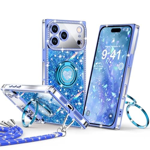 XYZ for iPhone 17 Pro Max Case, Glitter Bling Phone Cover with 2-Ring Heart Stand & Lanyard, Women Girls Luxury Rhinestone Shockproof Protective Case for iPhone 17 Pro Max, Blue - Image 1
