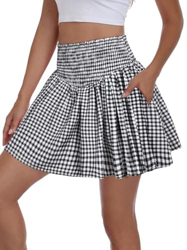 Vigorics Women’s High Waisted Smocked Mini Skirt Casual A-Line Skort Built-in Shorts for Summer Vacation Picnic Outdoor Black White Checkered XL - Image 1