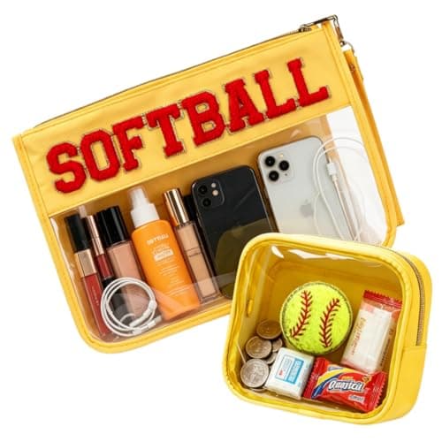 4EVERHOPE 2 Pcs Softball Gifts Cosmetic Bags, Makeup Bag With Chenille Letters, PVC Travel Toiletry Organizer for Stadium, Sports Events, Team Gifts (Softball-Yellow)