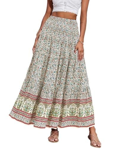 ZAFUL Women’s Summer Boho Maxi Skirts Bohemian Print Smocked High Wasited Flowy Tiered Ruffle Long Beach Skirt 4-Green Floral XS - Image 1
