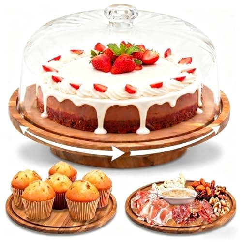 cutesun Cake Stand with Lid, 10.8'' Shatterproof Acrylic Dome (Not Glass), 11.8'' Rotating Acacia Wood Cake Display Stand for Wedding Birthday Party Dessert - Image 1