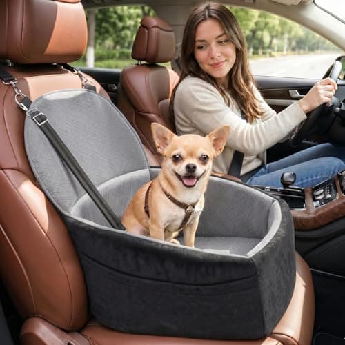 NUPIDA Dog Car Seat for Small Dogs, Dog Booster Seat with Extendable Backrest, Pet Car Seats up to 30 lbs, Washable Removable Cover Travel Bed with Storage Pockets and 2 Safety Leashes, Black&Grey - Image 1