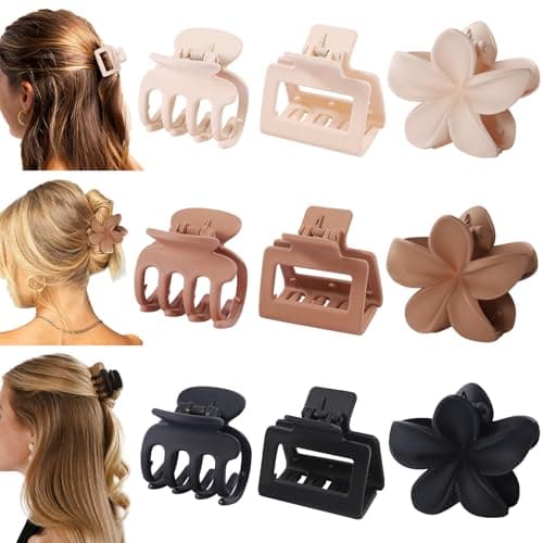 Hair Clips for Women 9 Pack Medium Claw Clips, No Slip Strong Hold Hair Clips for Thick & Thin Hair, Flower Square Aesthetic Styles for Everyday Styling, Trendy Hair Accessories (Brown)