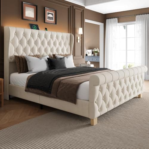 Uteeran King Size Bed Frame with Headboard, Velvet Upholstered Platform Bed with LED Lights & Charging Station, Button Tufted, No Box Spring Needed,Noise Free,Beige