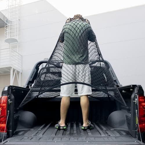 Cargo Net for Pickup Truck Bed, Trucks Cargo Net Mesh Organizer, 4'x4' Stretch to 7'x7' Highly Elastic Truck Bed Net for Camping, Trip Luggage, Compatible with Trailer, Ford, Chevrolet, Dodge - Image 1