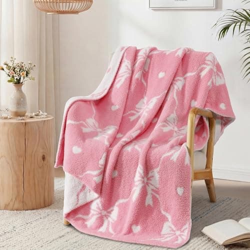 WRENSONGE Throw Blanket Diamond Bowknot Pink Soft Cozy Fluffy Warm Throw for Couch Sofa Bed Camping Picnic Travel Lightweight - 50"*60" - Image 1