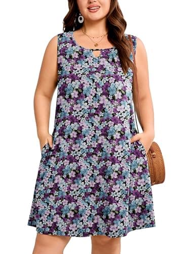 AusLook Plus Size Floral Midi Dress for Women Sleeveless Casual A Line Swing 5X Dress with Pockets Keyhole Neck Summer Beach Vacation Travel Dress