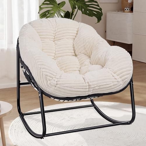 Halituny Indoor Rocking Chair, Oversized Outdoor Lounge Chair with Thick Corduroy Cushion & Straps, Wicker Modern Comfy Rocker Egg Chair for Living Room, Bedroom, Porch and Courtyard, Beige - Image 1