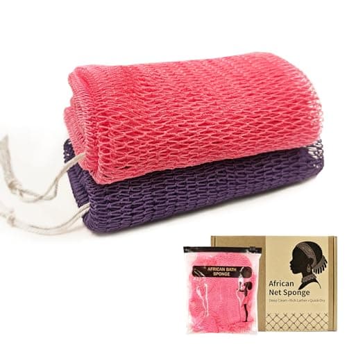 Authentic African Net Sponge,Extra Rough Scrubber,Travel Sponge,Long Stretch Body&Back Scrubber up to 47 Inches,Quick-Drying Exfoliating with Zipper Pouch (Purple/Pink) - Image 1