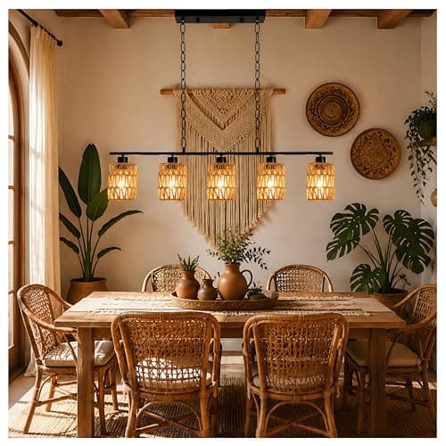 Boho Rattan Chandelier Farmhouse Dining Room Light Fixture 5 Light Woven Pendant Lighting for Kitchen Island Handwoven Wicker Ceiling Hanging Lamp for Living Room Bedroom Entryway Adjustable Height - Image 1
