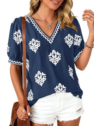 BTFBM Casual Summer T Shirts Going Out Tops for Women Beach Vacation Clothes Short Sleeve Blouses V Neck Boho Tunicss(Blue White Flower,XX-Large) - Image 1