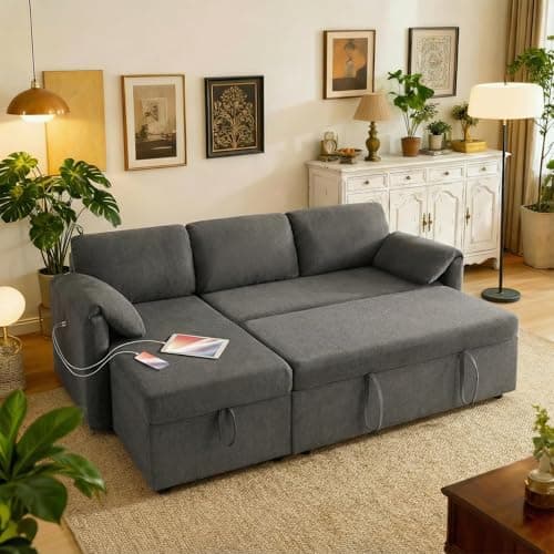 Tbfit 83'' Pull Out Sofa, 3 in 1 Sleeper Sofa Couch with USB & Storage Chaise, Comfy Sofa Bed with Pull Out Bed, Convertible Sleeper Sofas for Living Room, Small Spaces, Dark Gray - Image 1