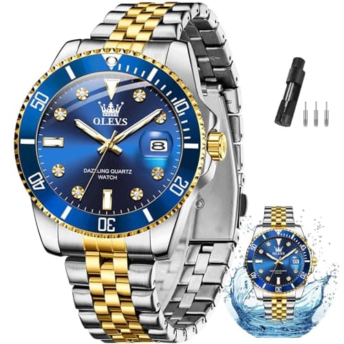 OLEVS Watches for Men Luxury Quartz Dress Men’Wrist Watch with Diamond Date 3ATM Waterproof Two Tone Stainless Steel Blue Face Watches for Men Business Style for Office Premium Gift for Him - Image 1