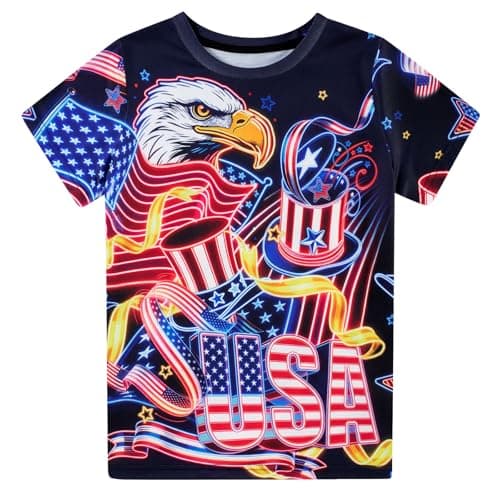 Funnycokid Kids Patriotic Independence Day Shirts Boys Girls Size 8 9 4th of July Eagle Neon Tee Tshirt American Flag Holiday Party T-Shirt 8-9 Years - Image 1